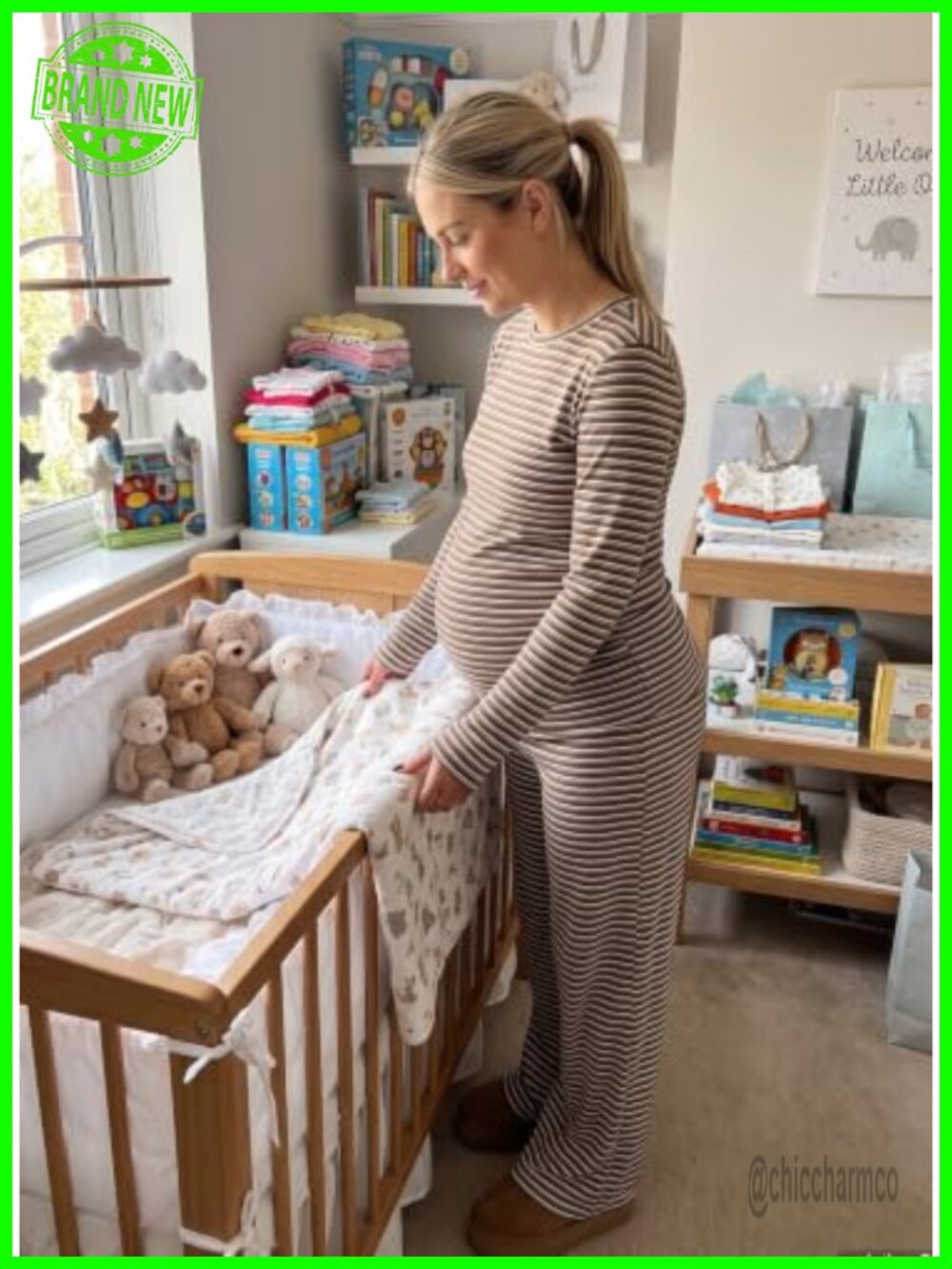 Maternity 2 Piece Lounge Set Striped Long Sleeve Sleepwear with Pockets - Picture 3 of 6